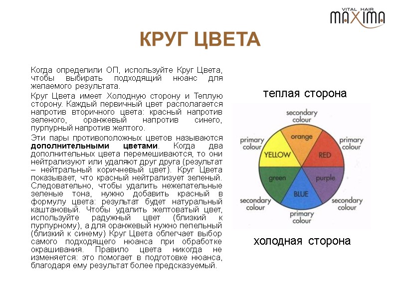 КРУГ ЦВЕТА Когда определили ОП, используйте Круг Цвета, чтобы выбирать подходящий нюанс для желаемого